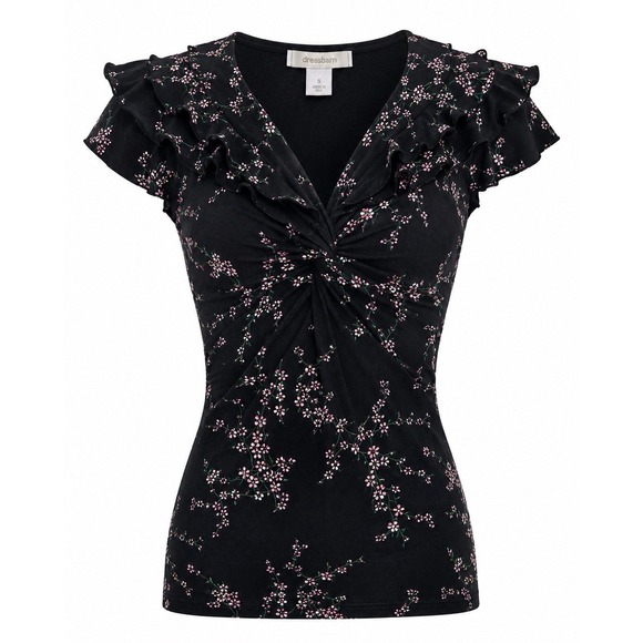 dressbarn Tops - Vintage Y2K DressBarn Babydoll Black Floral Top Sz S Fairycore Dark Coquette